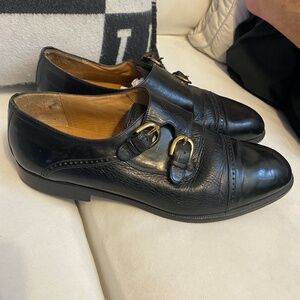 Mezlan Black Leather & Boar Skin Double Monk Strap SZ 10M